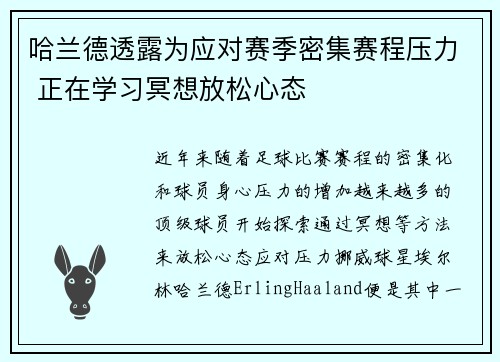哈兰德透露为应对赛季密集赛程压力 正在学习冥想放松心态 哈兰德透露为应对赛季密集赛程压力 正在学习冥想放松心态